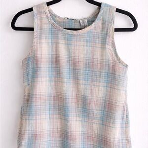 VINTAGE Cream Plaid Sleeveless Tank Top with Pastel Blue & Pink